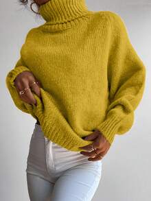 RueChic Jersey cuello alto de manga raglán tejido de canalé - Amarillo - Ver 3