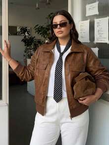 Dazy Plus Jaket Kasual Blogger Model Longgar Warna Cokelat untuk Musim Semi/Gugur, Jaket Luar Biasa - Mocha Brown - View 6