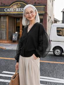 FRIFUL Cardigan Wanita Model Korea Baru untuk Awal Musim Gugur, Motif Patchwork, Bagian Bawah Berbahan Jala Transparan dengan Belahan di Bagian Depan. - Hitam - View 9