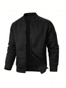 SHEIN Tween Boy Casual College Sports Versatile Black Textured Small Grid Baseball Jacket Coat Suitable For Commuting, School, Daily Casual Outings, Sports, Autumn/Winter - Black - View 6