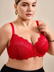 Hourtrue Plus Size Red Lace Bra, Comfortable Full Coverage Unpadded Bra With Front Hollow Tie Design - Red - View 4