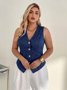 SHEIN Essnce Chaleco de encaje de color liso elegante para ir al trabajo en verano, otoño/invierno, talla grande - Azul Marino - Ver 5