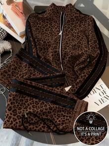 Resyla Cardigan de cuello alto ajustado con mangas raglán + Pantalones rectos con bolsillos en diagonal para tallas grandes - Marrón - Ver 1