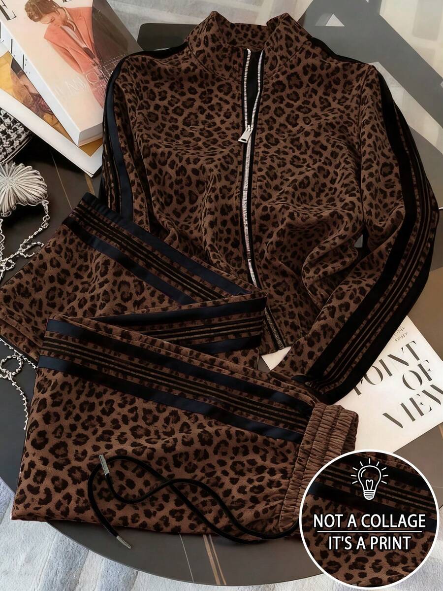Resyla Cardigan de cuello alto ajustado con mangas raglán + Pantalones rectos con bolsillos en diagonal para tallas grandes - Marrón - Ver 1