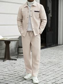 Manfinity Homme 米色羊毛男士商務西裝，附領口與口袋細節，街頭風男士羊毛兩件套，秋冬服飾 - 杏色 - 查看 7