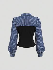 Sweetra Sweet Elegant Slim Fit Patchwork Striped Shirt With Contrast Color Lapel Design, Early Autumn Long Sleeve Casual Versatile Blouse For Women - Multicolor - View 2