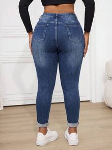 SHEIN ICON 大尺碼牛仔長褲 休閒修身彈性破洞藍色 - 深色水洗藍 - 查看 6