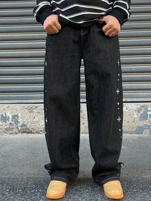 DAZY Jeans de hombre para primavera con botones de strass y decoración de perlas falsas - Negro - Ver 5