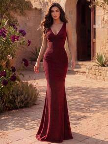 Coutiva Women's Solid Color V-Neck Elegant Waist-Cinched Evening Dress - Red - View 4