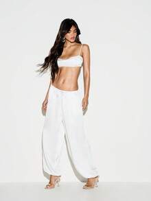 KIZN Satin Wide Leg Casual Pants With Elastic Drawstring Waist Side Pockets Full Length Summer Holiday Loungewear Trousers - White - View 5