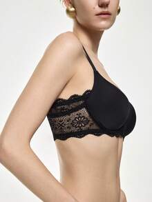 Bralution Women's Solid Color Lace Patchwork Underwire Bra - Black - View 10
