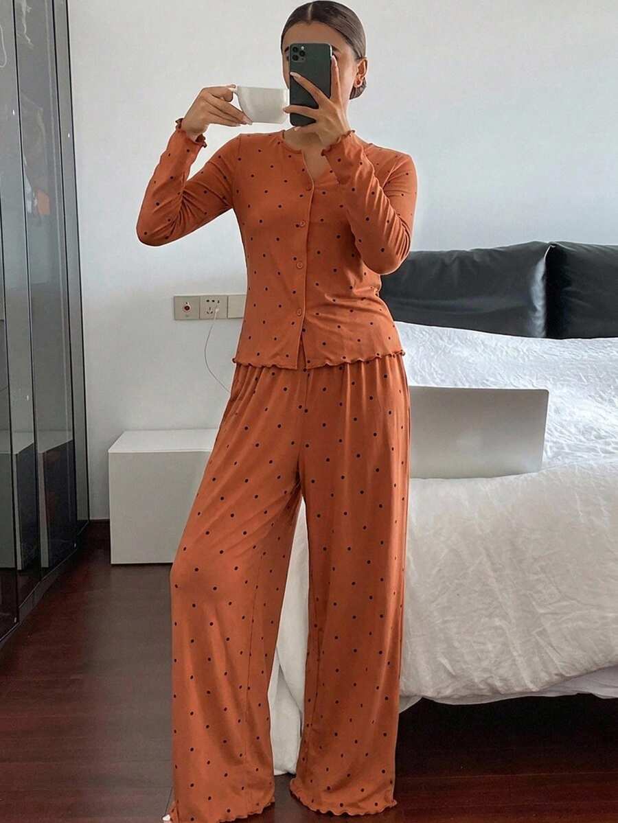 DAZY 2pcs Polka Dot Print Slim Fit Long Sleeve Straight Leg Pants Spring Women's Pajama Set - Coral Orange - View 1