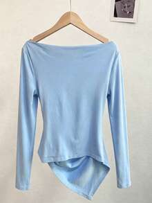 Lalippa Women's Solid Color Off-Shoulder Pleated Casual Versatile Daily Wear Top - Baby Blue - View 2