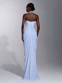 Elitara Elegant Minimalist Fashion Blue Elastic Mesh Halter Strap Full Pleated Maxi Formal Evening Gown For Women - Blue - View 3