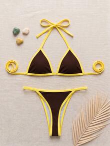 Costavie Set da donna per vacanze estive al mare con bikini patchwork con laccio al collo e slip a triangolo, marrone - Castano - Visualizzare 5