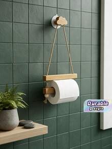 1pc Toilet Paper Holder Wall Mount - No Drilling Wooden Tissue Holder For Bathroom, Adjustable Rope Toilet Roll Holder With Cloud Hook - Multicolor - View 1