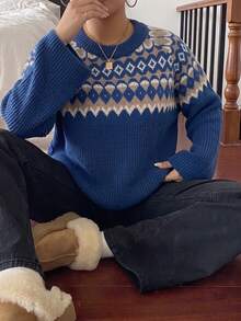 Elenzga 大尺碼女款復古提花圓領毛衣，寬鬆慵懶加厚顯瘦，秋冬針織上衣，休閒落肩袖套頭衫 - 藍色 - 查看 4