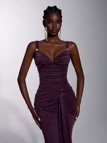 Elitara Elegantes luxuriöses glänzendes feines Glitzer-Mesh-Abendkleid mit Herz-Ausschnitt, Spaghettiträgern, Metallverzierung, Taillen-Twist, seitlich drapiertem Volant, stark verziert, geeignet für Date, Urlaub, Junggesellinnenabschied, Hochzeit und Event - Dunkelviolett - Übersicht 2
