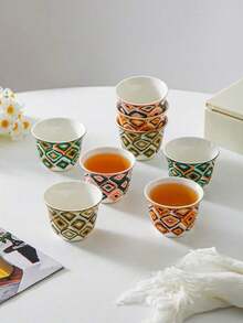 8pcs Bohemian Ikat Diamond & Zigzag Pattern Ceramic Tea Cup Set, Per Color Stackable Hand-Painted Mini Porcelain Mug, Suitable For Coffee, Kung Fu Tea, Home Gift - Multicolor - View 8