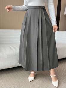 Dazy Plus High Waist A-Line Pleated Skirt, Elegant & Playful, Commuter Style, Spring/Autumn New Arrival - Grey - View 5