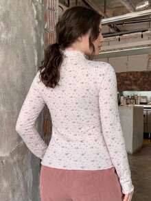 Dazy Plus Ditsy Floral High Neck Long Sleeve Fitted Lace Trim Casual Base Layer Top T-Shirt Spring Autumn Vacation - Pink - View 2