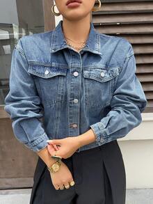 Dazy Plus Vintage Washed Western Cowboy Loose Long Sleeve Turn Collar Denim Jacket Coat Spring Autumn - Medium Wash - View 5