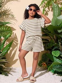 SHEIN 青少年女孩針織圓領休閒T恤與寬鬆長褲兩件套 - 卡其色 - 查看 5