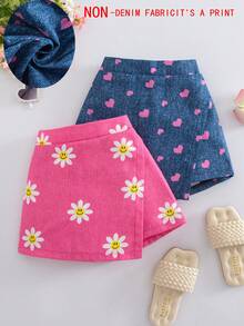 SHEIN Elladie kids 2件套 女童活力假日向日葵、爱心、人脸牛仔印花不对称短裤，蓝粉组合，适合夏季外出穿着 - 彩色 - 查看 1