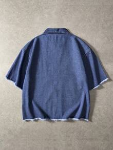 ROMWE MEN Street Life Men's Letter Patchwork Zipper Placket Short Sleeve Denim Shirt - Royal Blue - View 2