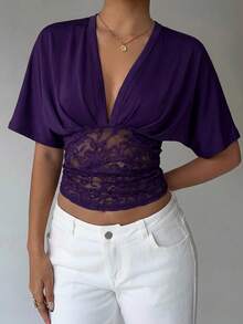 Aloruh Women's Spring/Summer Sexy Deep V-Neck Loose Top With Ruched Waist And Lace Patchwork T-Shirt - Purple - View 4