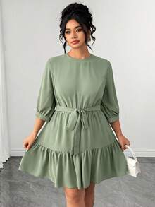 Elenzga Plus Size Women Solid Color Pleated Casual Elegant Everyday Autumn Dress Formal Brunch Sage Green - Army Green - View 4