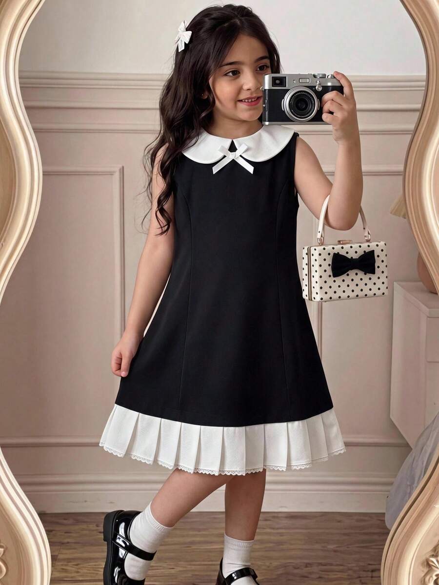 SHEIN Back To School Season Girls Black & White Classic Little Black Dress With Small Collar, Bowknot And Ruffle Hem