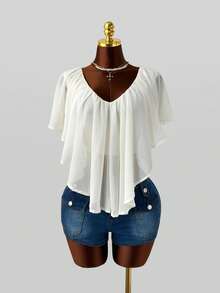 Sunspun American Street Style Sexy Pure Desire Round Neck Pullover Ruched Ruffle Asymmetrical Slightly Sheer Sleeveless Plus Size Blouse For Women - Apricot - View 3
