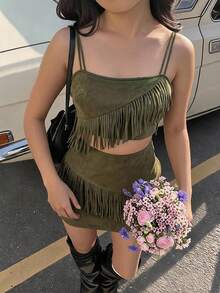 SHEIN MOD 大尺碼女款棕色麂皮流蘇兩件套，音樂節穿搭，西部風格套裝 - 軍綠色 - 查看 2