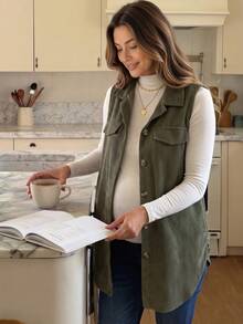 GentleRue Maternity Maternity Casual Loose Vest Jacket, Fall, For Winter - Army Green - View 1