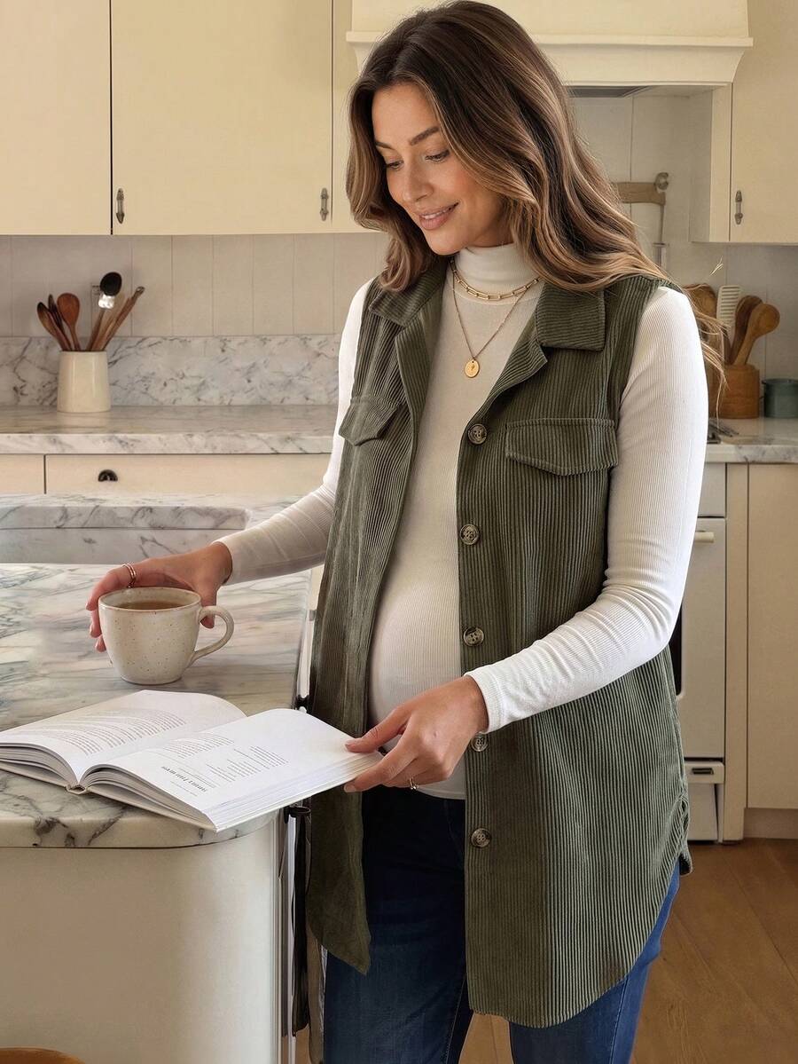 GentleRue Maternity Maternity Casual Loose Vest Jacket, Fall, For Winter - Army Green - View 1