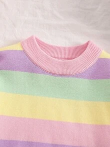 SHEIN 秋季冬季大童女孩粉色可愛圓領長袖條紋針織套頭衫，返校穿搭，舒適柔軟，節日聖誕服飾 - 粉色 - 查看 3