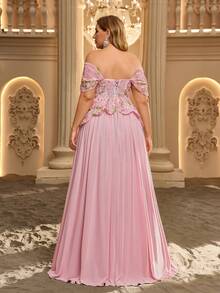 Glamrae Plus Size Elegant Pink Glossy Mesh Asymmetrical Sleeve Cinched Waist Ruched Sheer A-Line Skirt Suitable For Date Single Party Wedding Event - Burgundy - View 5