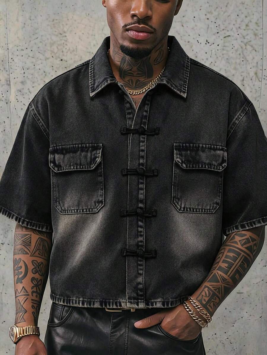 AXEPEAK Men's Washed Denim Jacket With Vintage Color-Block Design And Chinese Style Frog Buttons - Black - View 1