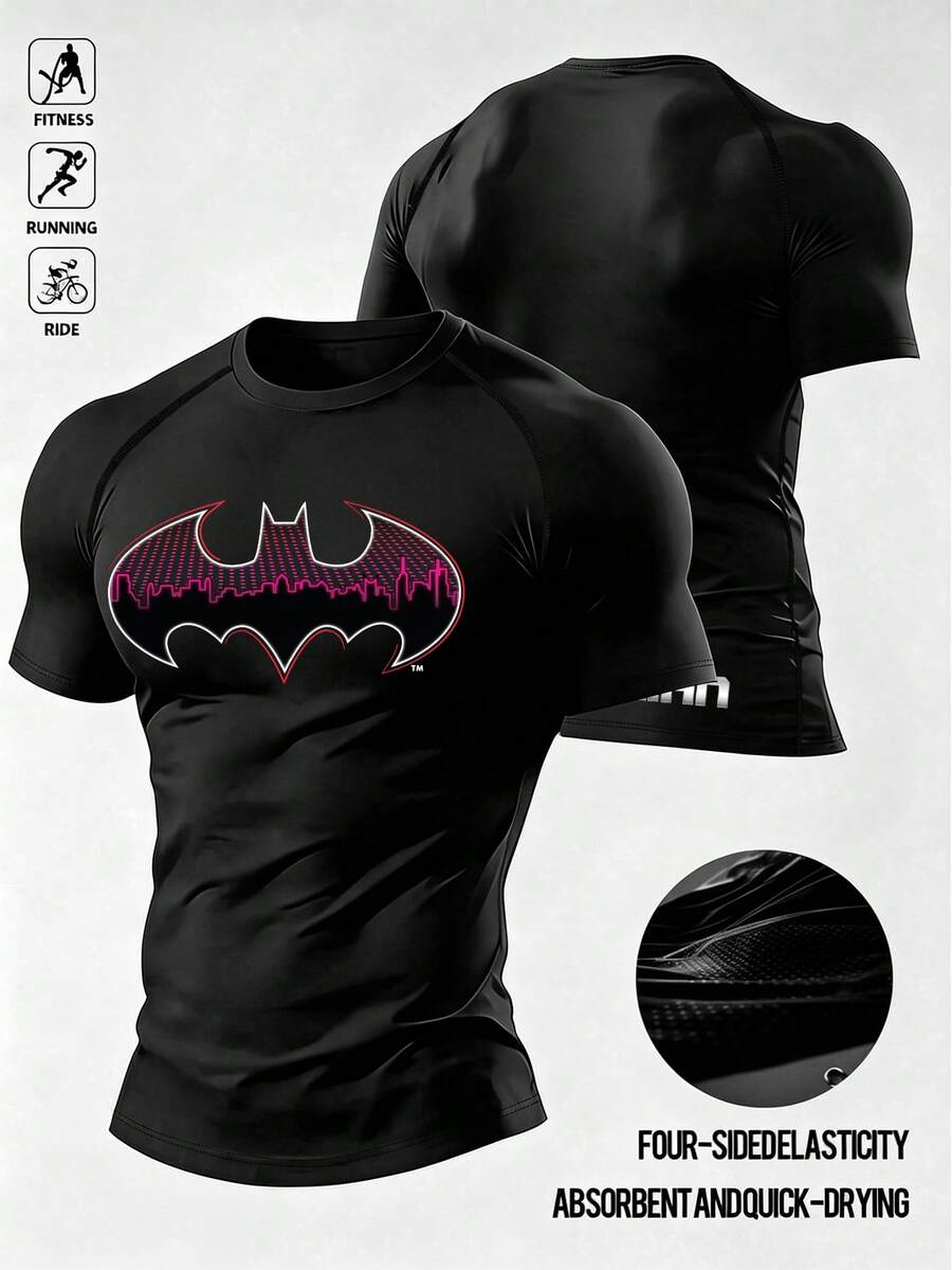 BATMAN X SHEIN 男士蝙蝠印花短袖修身運動T恤 - 黑色 - 查看 1