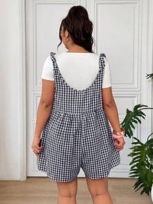 SHEIN EZwear Plus Size Women's Plaid Pocket Wide Leg Loose Casual Overalls Shorts - Black and White - View 2