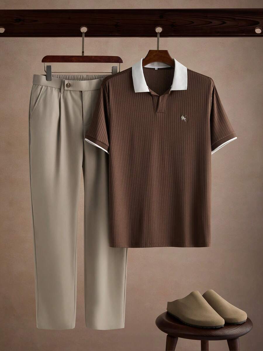 Core Aspect 2pcs Set: Vertical Ribbed Knit Fitted Casual Business Commute Daily POLO Short Sleeve Top With Solid Color Half Elastic Waistband, Belt Loops, Zipper, Casual Straight Leg Trousers - Multicolor - View 1