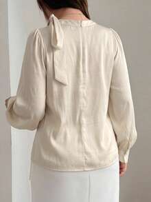 Dazy Plus Solid Color Fitted Round Neck Long Sleeve Bow Elegant Formal Spring Autumn Blouse - Baby Pink - View 2