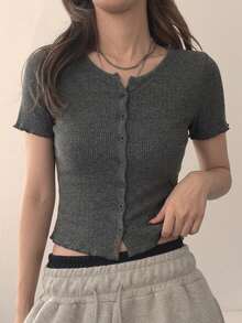 DAZY Women's Fitted Cropped Long Sleeve Ribbed T-Shirt Summer - Grey - View 3