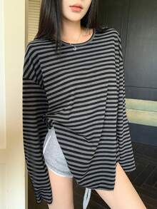 Dazy Tall Women's Round Neck Long Sleeve Loose Striped Street Casual T-Shirt Cute Tops - Grey - View 6