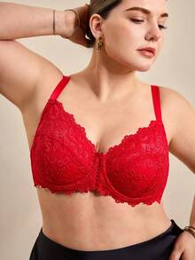 Hourtrue Plus Size Red Lace Bra, Comfortable Full Coverage Unpadded Bra With Front Hollow Tie Design - Red - View 5