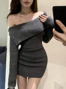 Dazy Tall Women's Off-Shoulder Off-Shoulder Long Sleeve Elegant Short Sweater Dress - Dark Grey - View 10