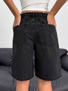 SHEIN Teen Girl Bow Embroidery Pocket Casual Denim Shorts - Black - View 2