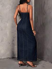 SHEIN Unity Women's Single-Breasted Slim Fit Elegant Spaghetti Strap Denim Dress - Blue - View 3
