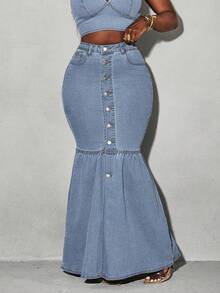 Slaydiva Women's Single Button Pocket Fisherman Style Casual Denim Mid-Length Skirt - Light Wash - View 1
